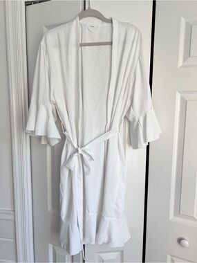 White Ruffle Sleeve Satin Robe with Tie Belt